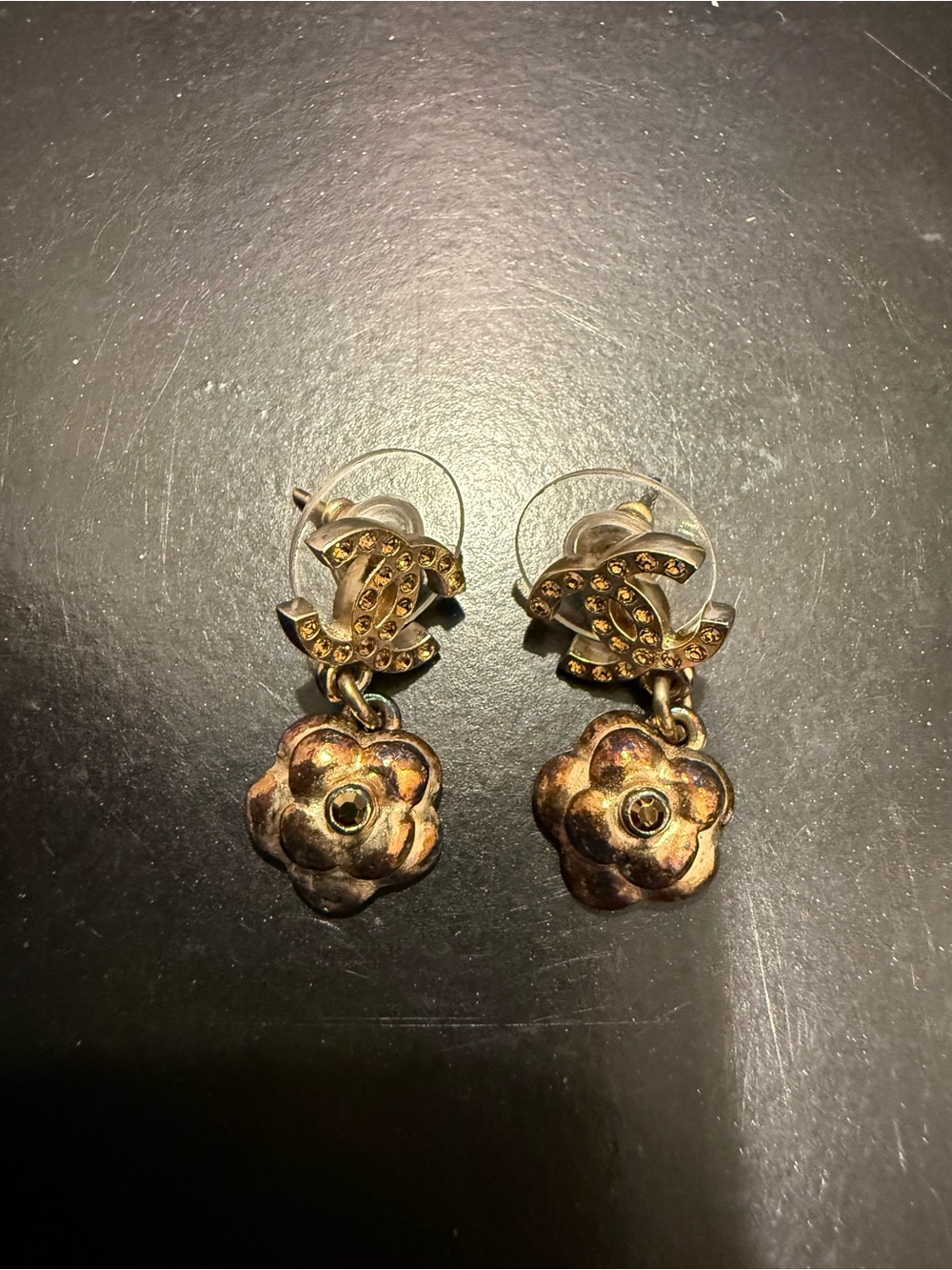 Chanel 2011 Gold-Tone Floral Drop Earrings with Crystal Accents